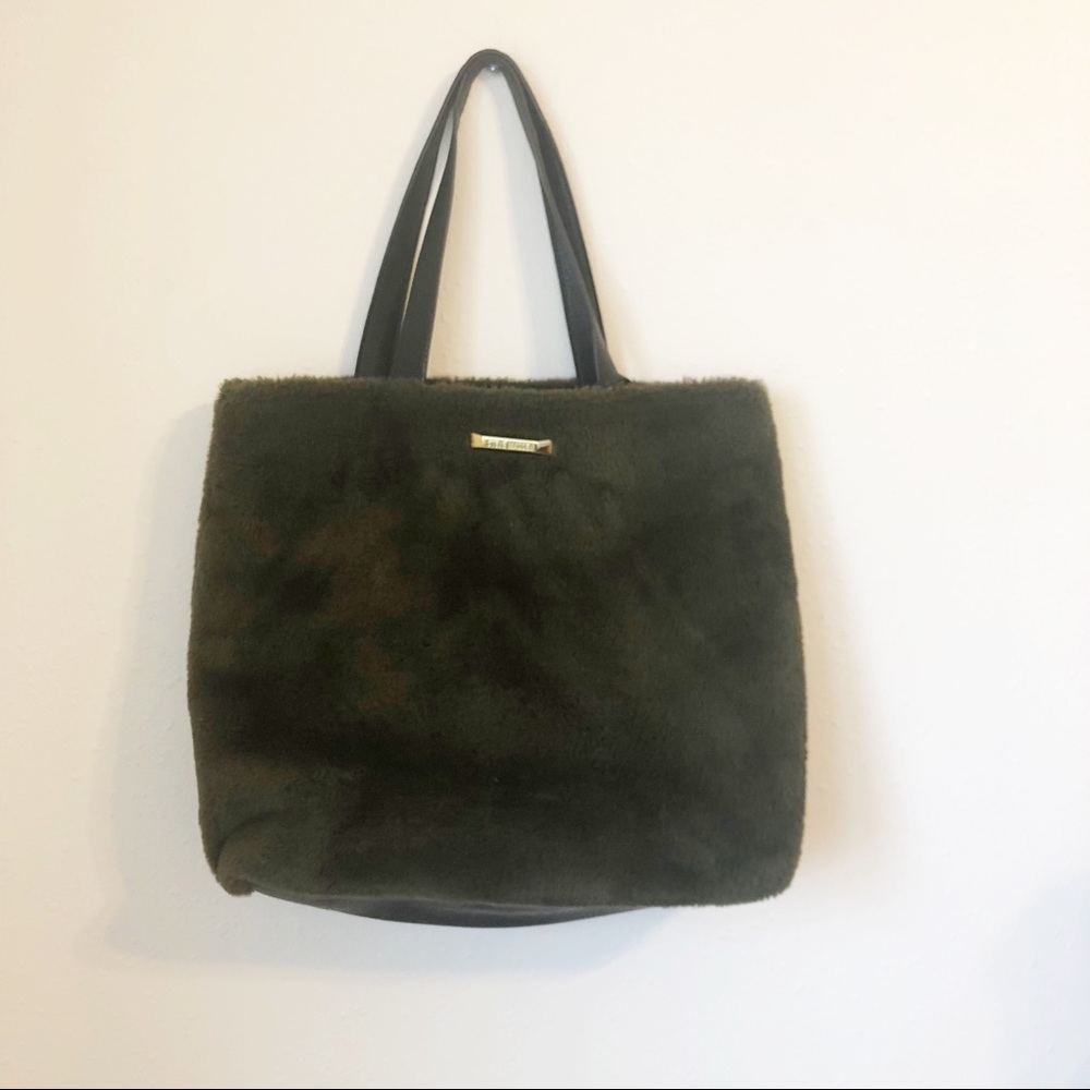 Steve Madden olive green furry tote bag and wallet